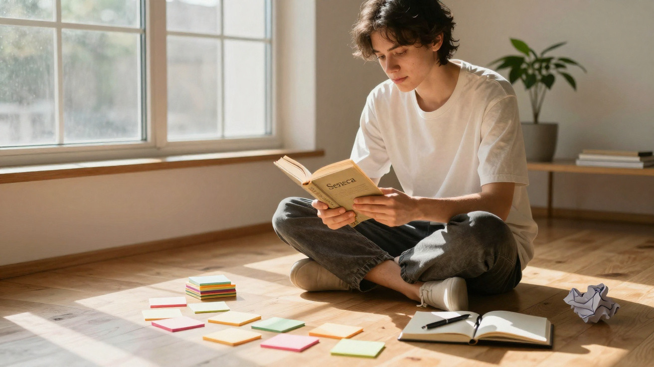 Junger Mann sitzt sonnendurchflutet am Boden und liest Buch, bunte Zettel und Notizbuch liegen vor ihm.