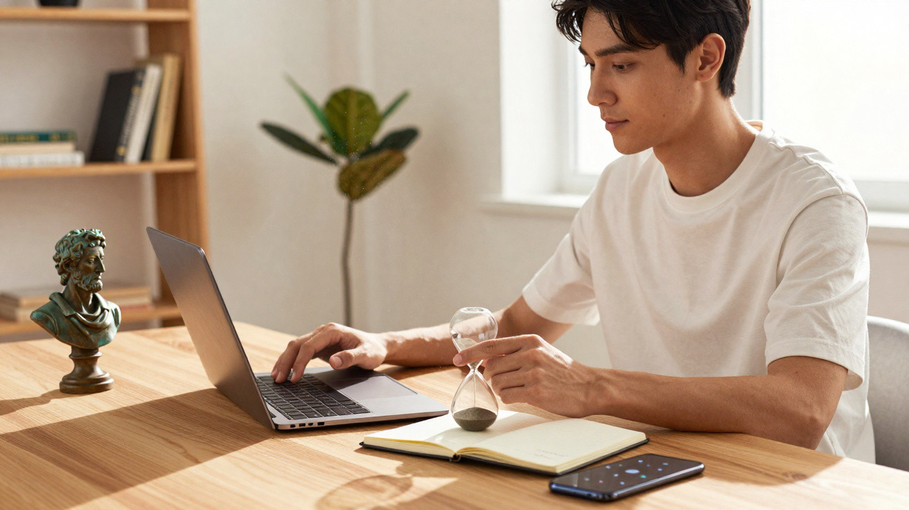Junger Mann arbeitet am Laptop und hält Sanduhr, umgeben von Notizbuch, Smartphone und Büstenfigur am Holztisch.