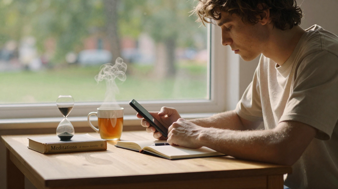 Mann sitzt am Tisch, nutzt Smartphone, neben ihm Dampftasse, Sanduhr und Buch, Tageslicht durch Fenster.