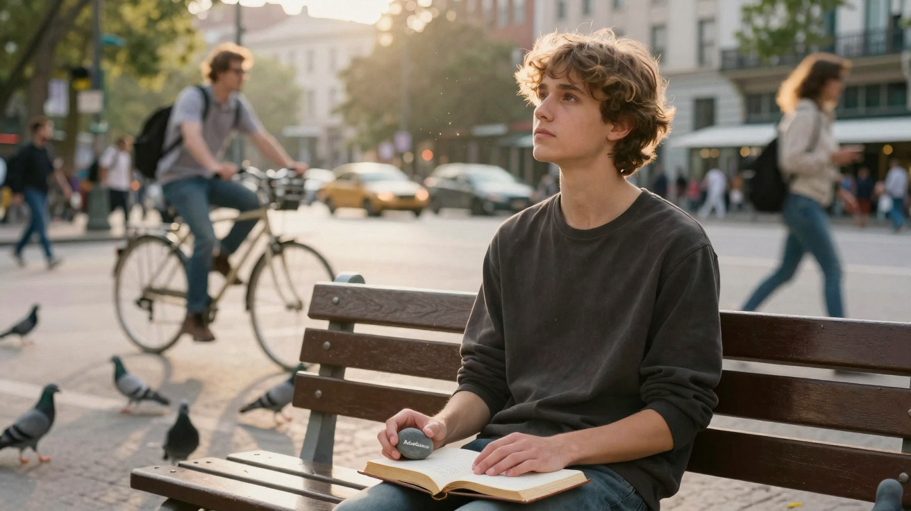 Jugendlicher sitzt mit Buch auf Parkbank, schaut nachdenklich, städtische Straße mit Fußgängern und Radfahrer im Hintergrund.