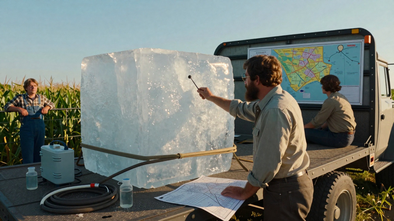 Drei Personen um einen großen Eiswürfel auf einem Fahrzeug mit Landkarte, Feld im Hintergrund bei Sonnenuntergang.