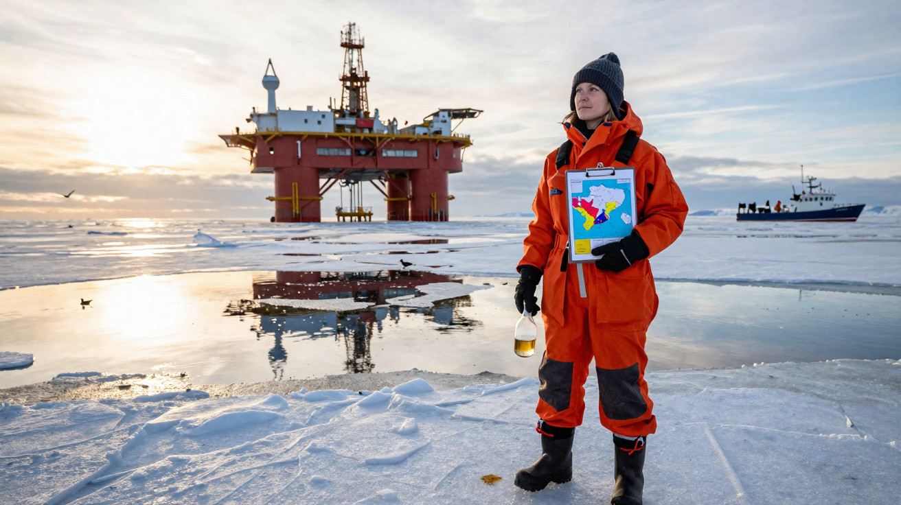 Frau in oranger Schutzkleidung hält Karte auf vereistem Meer vor Offshore-Plattform und Schiff bei Sonnenuntergang.