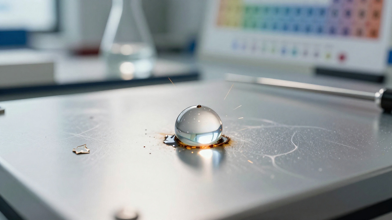Wasserperle auf silberner Metalloberfläche eines Labortisches mit unscharfem Periodensystem im Hintergrund.