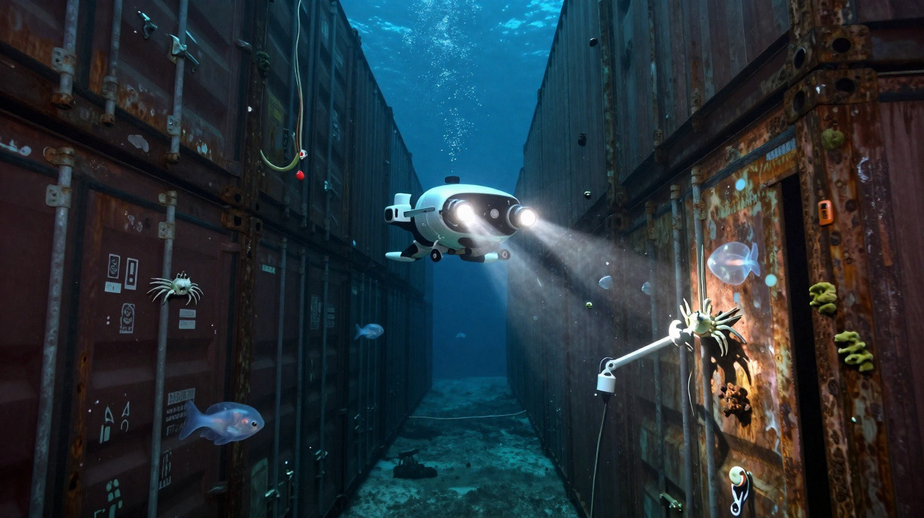 Unterwasserroboter mit Scheinwerfern erforscht versunkene Seecontainer mit Fischen und Meereslebewesen.