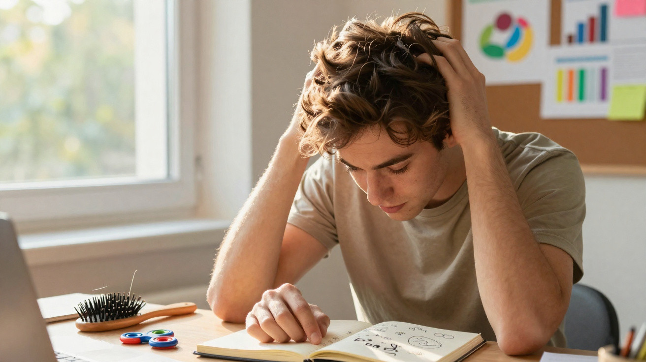 Junger Mann sitzt am Tisch, verärgert und konzentriert in ein Buch schauend, Hände im Haar, neben Laptop und Bürste.