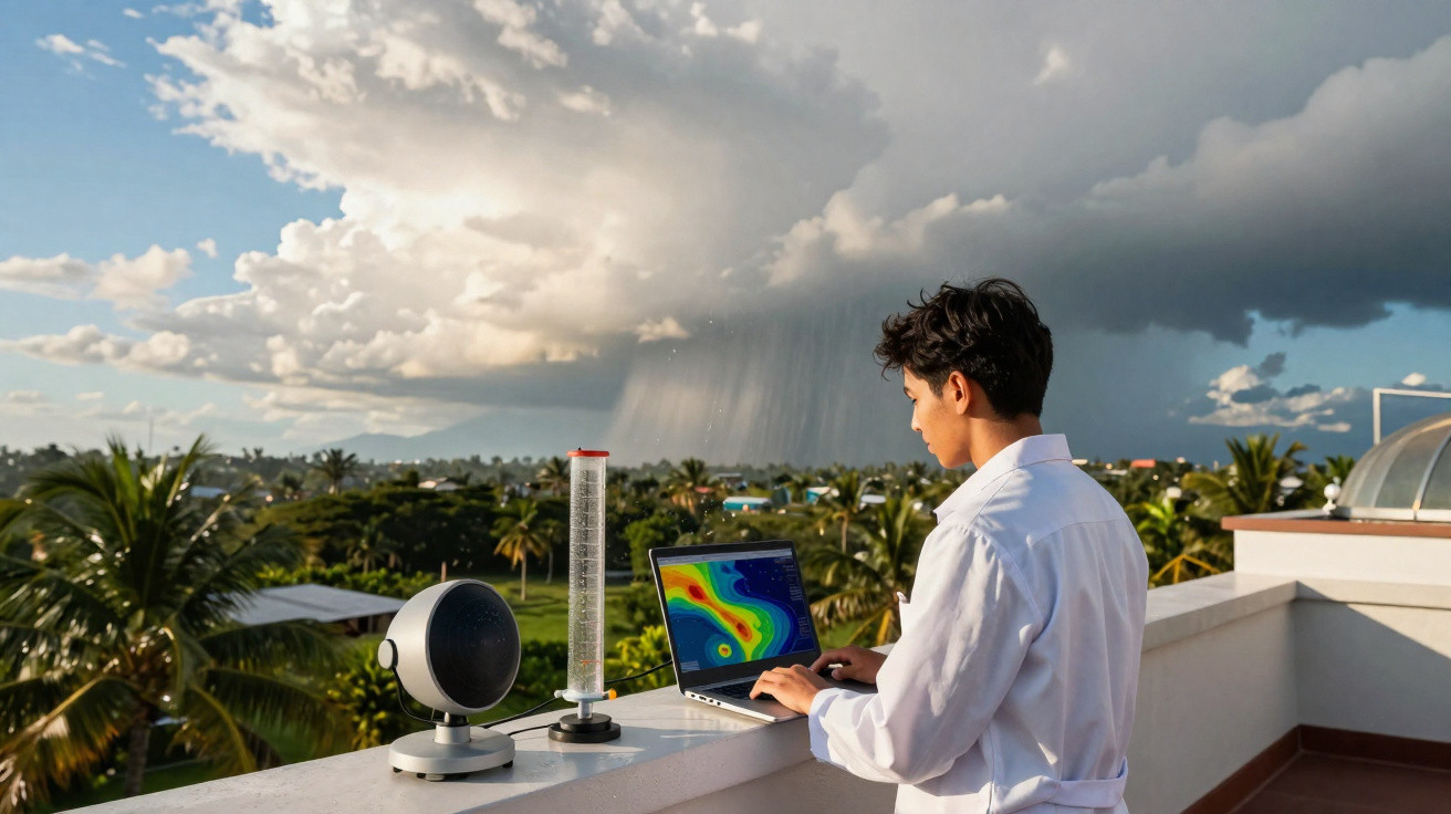 Junger Mann analysiert mit Laptop und Wetterstation auf Dach Regenwolken und Wetterlage.