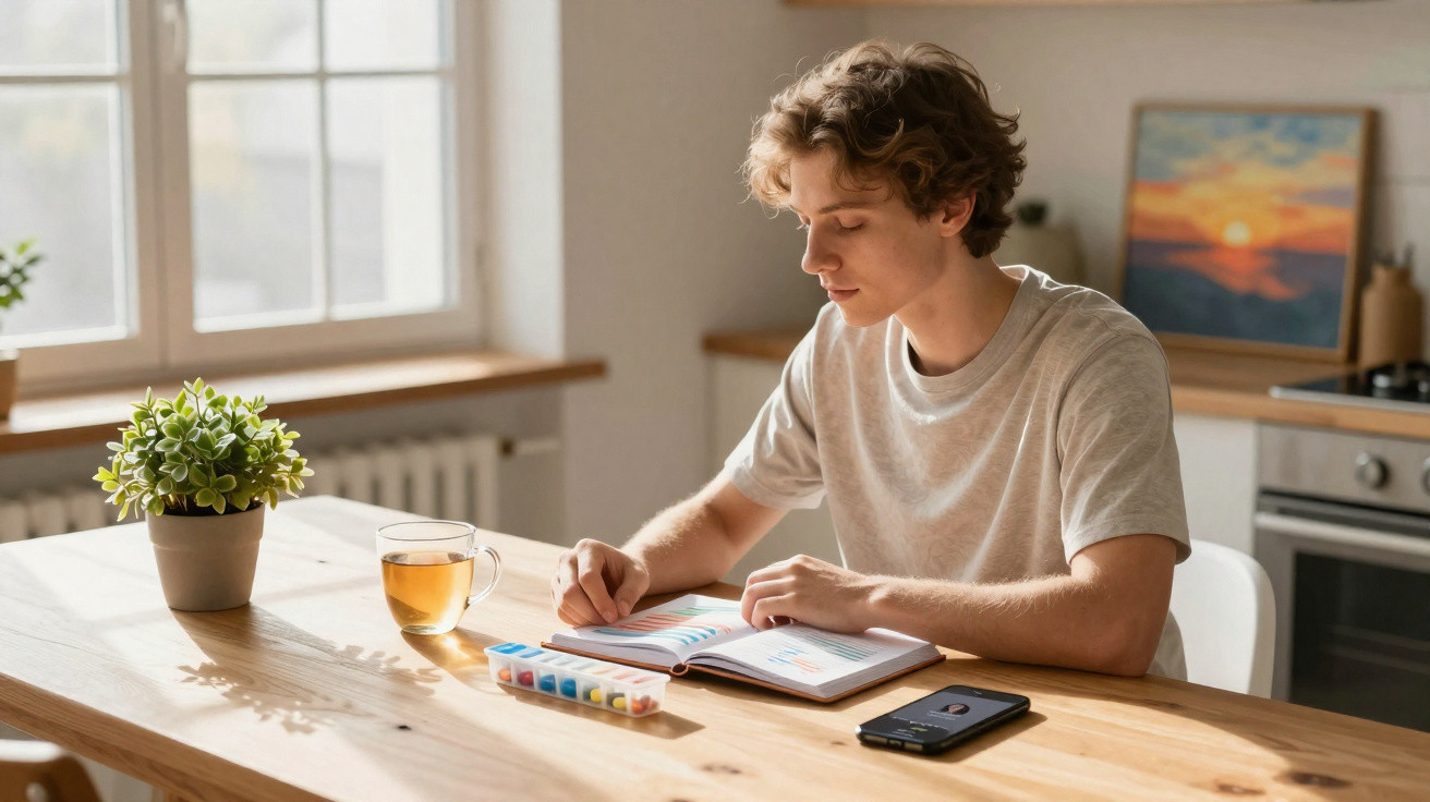 Junger Mann sitzt am Holztisch, liest Kalender und hat Tee, Pillendose und Smartphone vor sich.