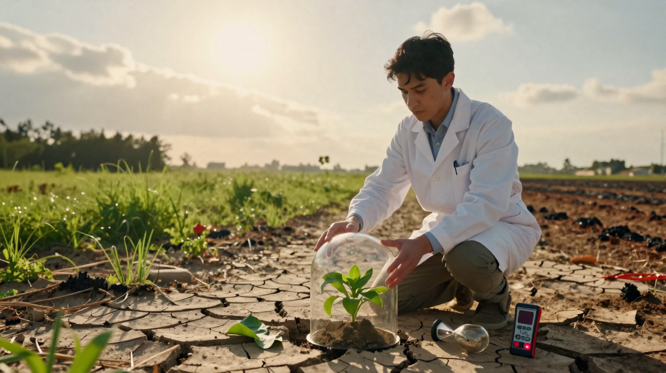 Wissenschaftler schützt junge Pflanze unter gläserner Kuppel in vertrocknetem Feld bei Sonnenuntergang.
