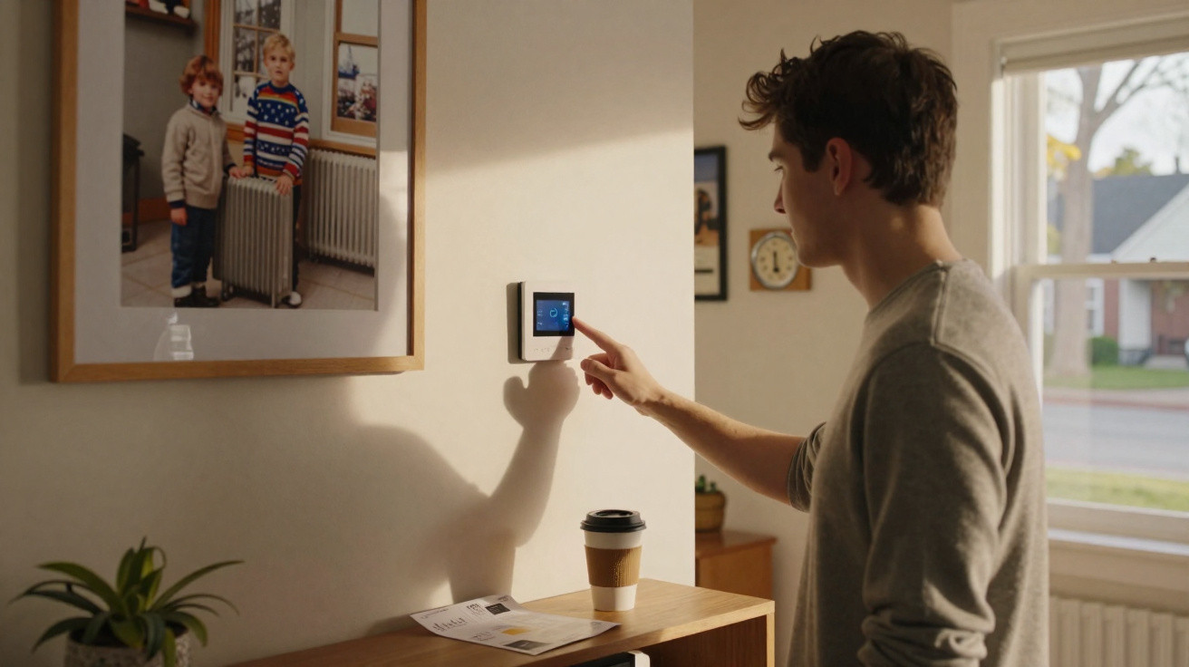 Mann bedient Smart-Heizungsthermostat an der Wand in modernem Wohnzimmer mit Tageslicht.