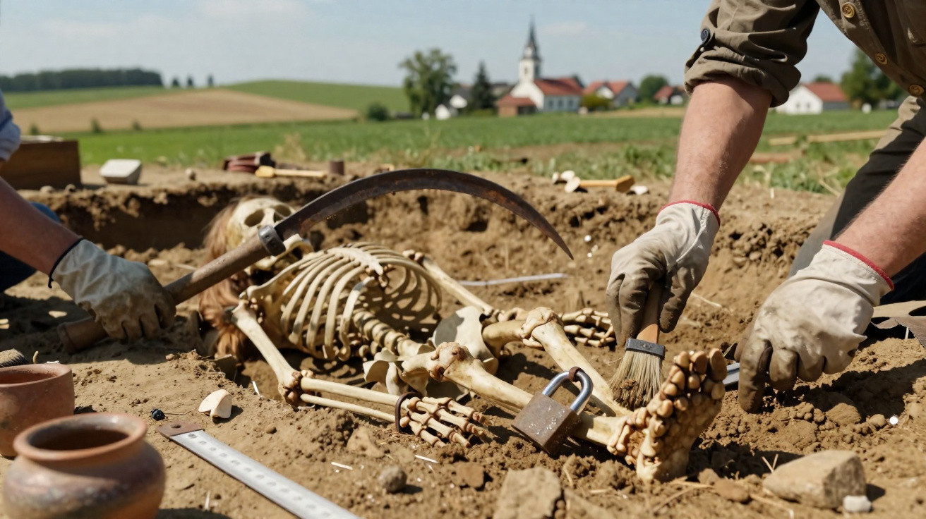 Archäologen graben vorsichtig ein menschliches Skelett bei Ausgrabungen auf offenem Feld aus.