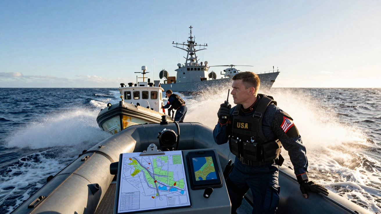 Marineoffizier in Einsatzkleidung spricht im Schlauchboot mit Karten vor Küstenwache- und Kriegsschiff auf offener See.