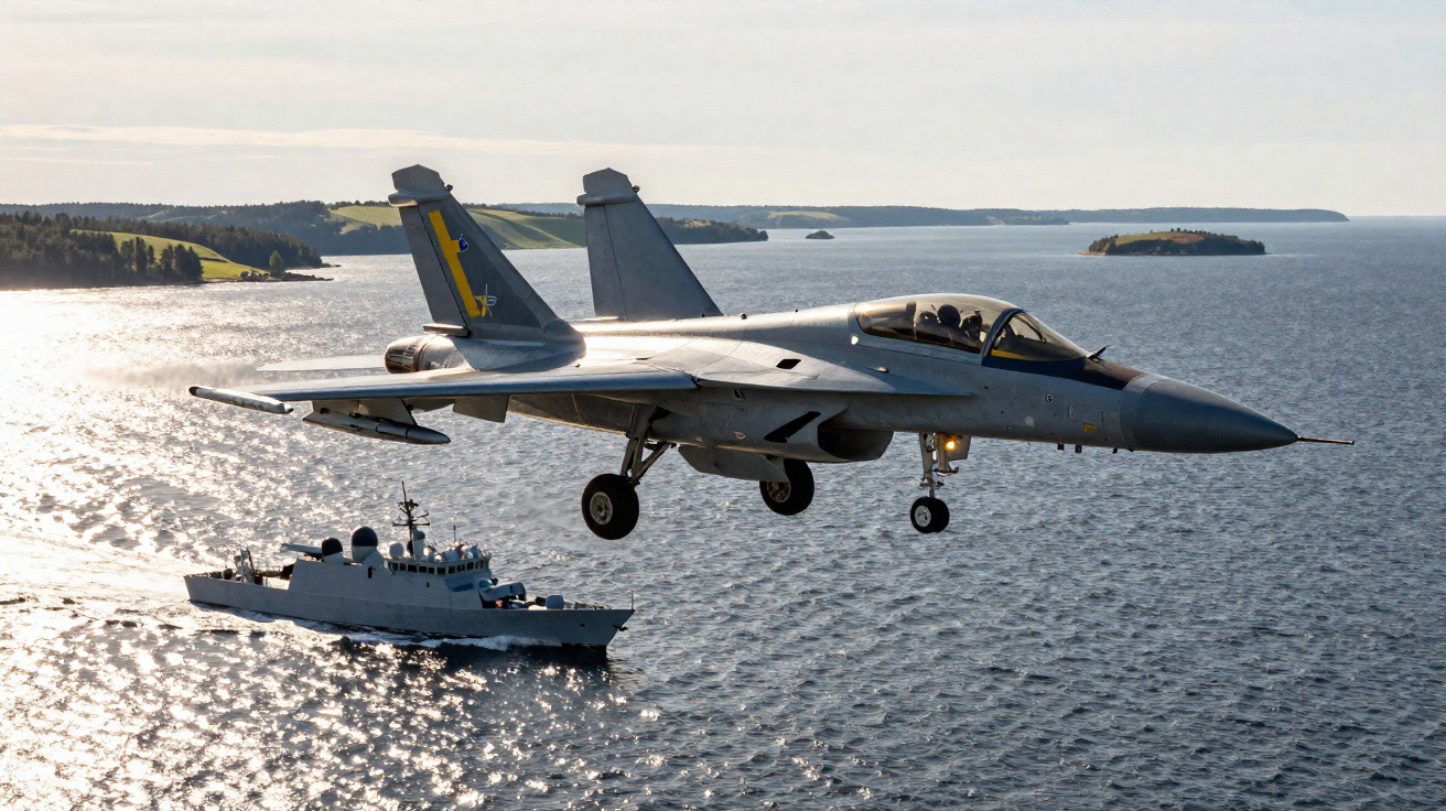 Kampfjet fliegt über Meer mit Küste und Marine-Kriegsschiff darunter an sonnigem Tag.