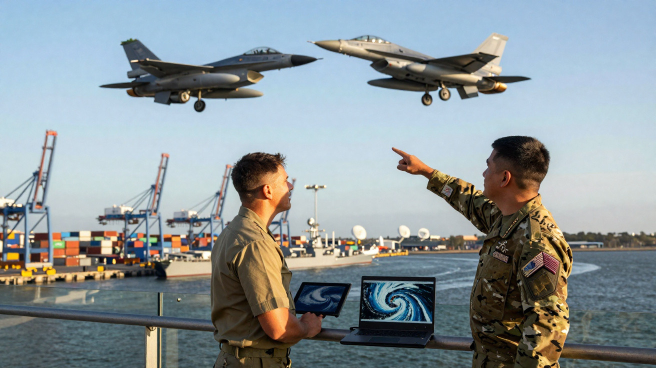 Zwei Soldaten mit Laptops beobachten zwei startende Kampfjets über einem Hafen mit Containerschiffen.
