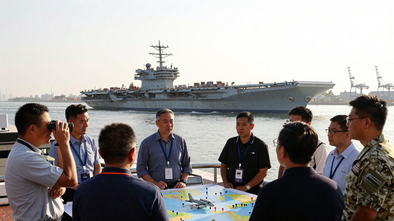 Gruppe von Männern bespricht Marinekarte an Deck mit großem Flugzeugträger im Hafen im Hintergrund.