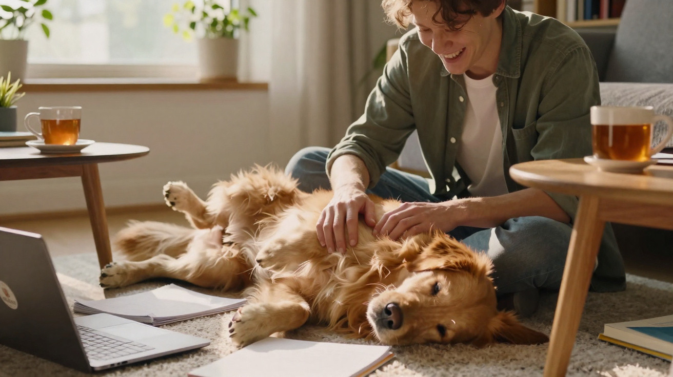 Junger Mann krault entspannten Golden Retriever, Laptop und Tee stehen im gemütlichen Wohnzimmer neben ihnen.
