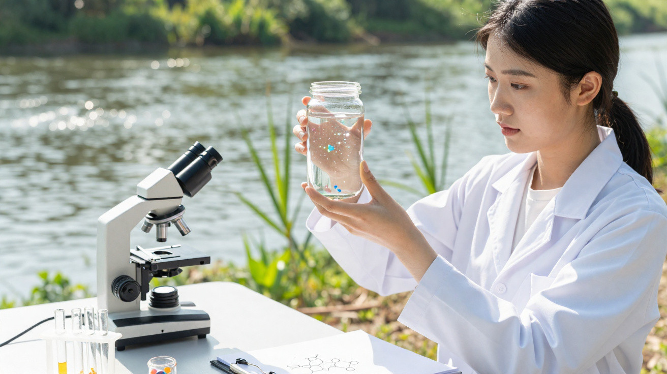 Forscherin in weißem Kittel untersucht Wasserprobe in Glasbehälter am Ufer mit Mikroskop und Laborutensilien.