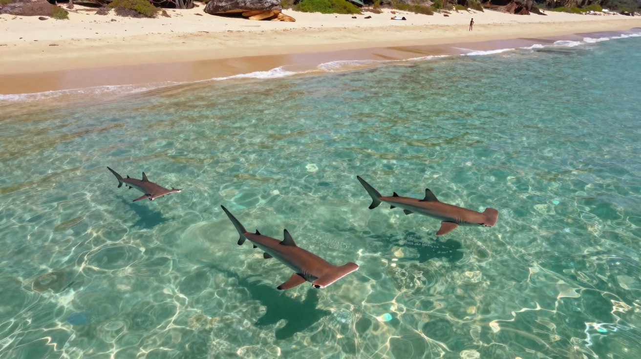 Drei große Haie mit hammerförmigen Köpfen schwimmen in klarem, seichtem Wasser nahe einem Sandstrand.