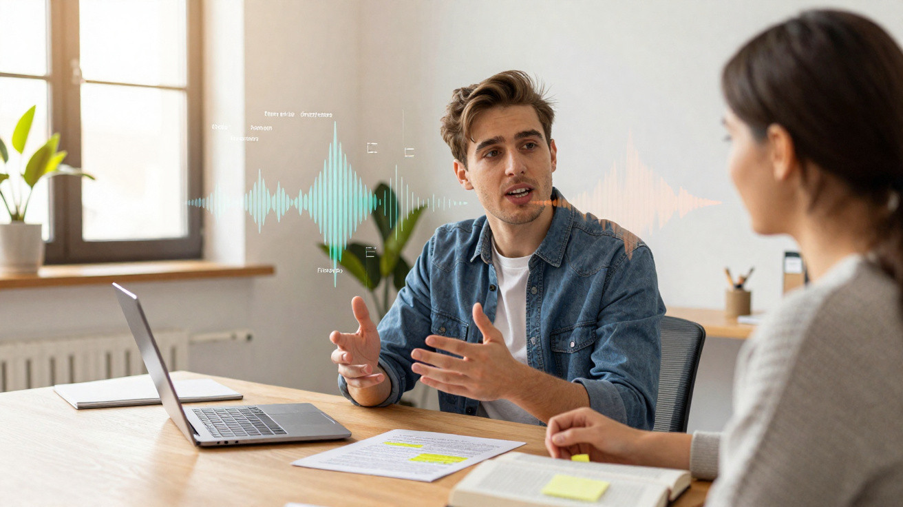 Zwei Personen in Gespräch an Schreibtisch mit Laptop, Dokumenten und Notizen in modernem Büro, Tonwellen als Grafik.