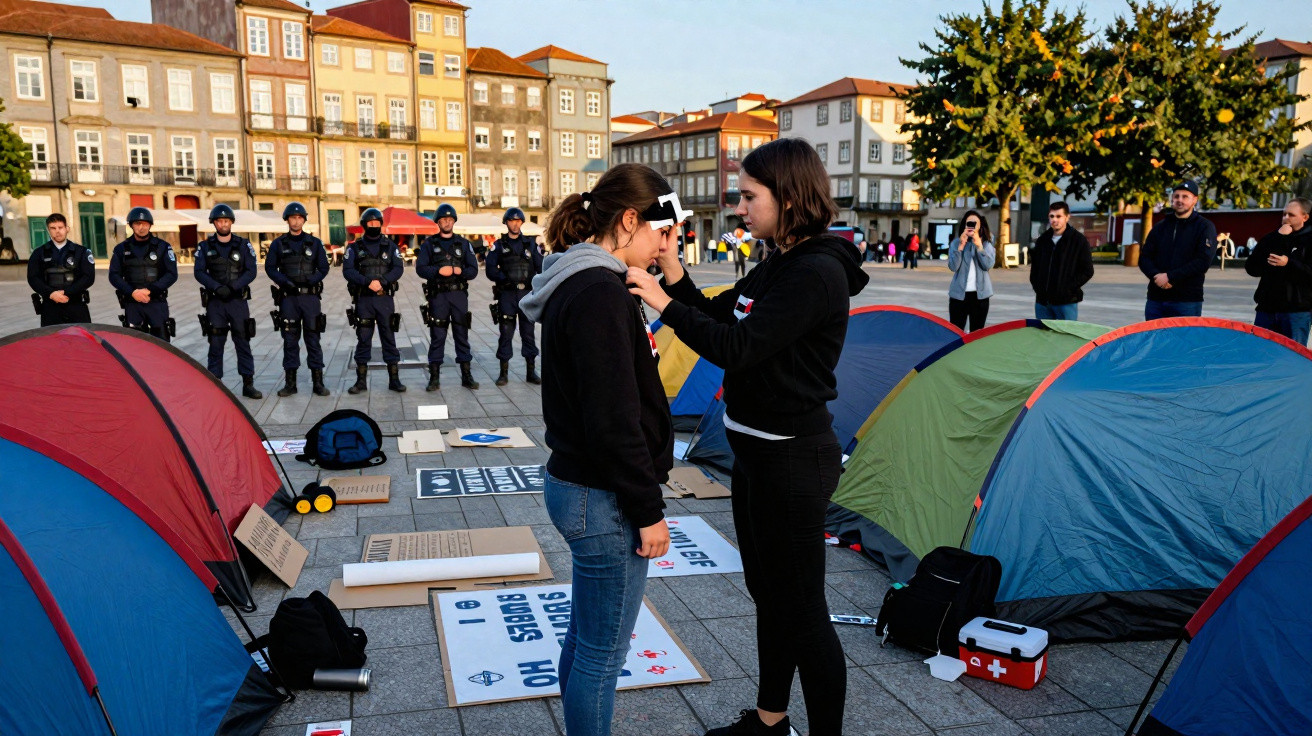 Zwei Frauen stehen vor Zelten auf Platz, im Hintergrund Polizisten in Reih und Zuschauer bei Sonnenuntergang.