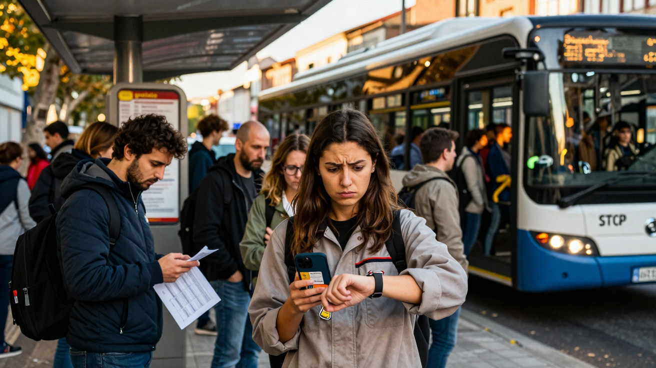 Menschen warten an einer Bushaltestelle, Frau schaut besorgt auf ihre Uhr, Bus steht im Hintergrund.