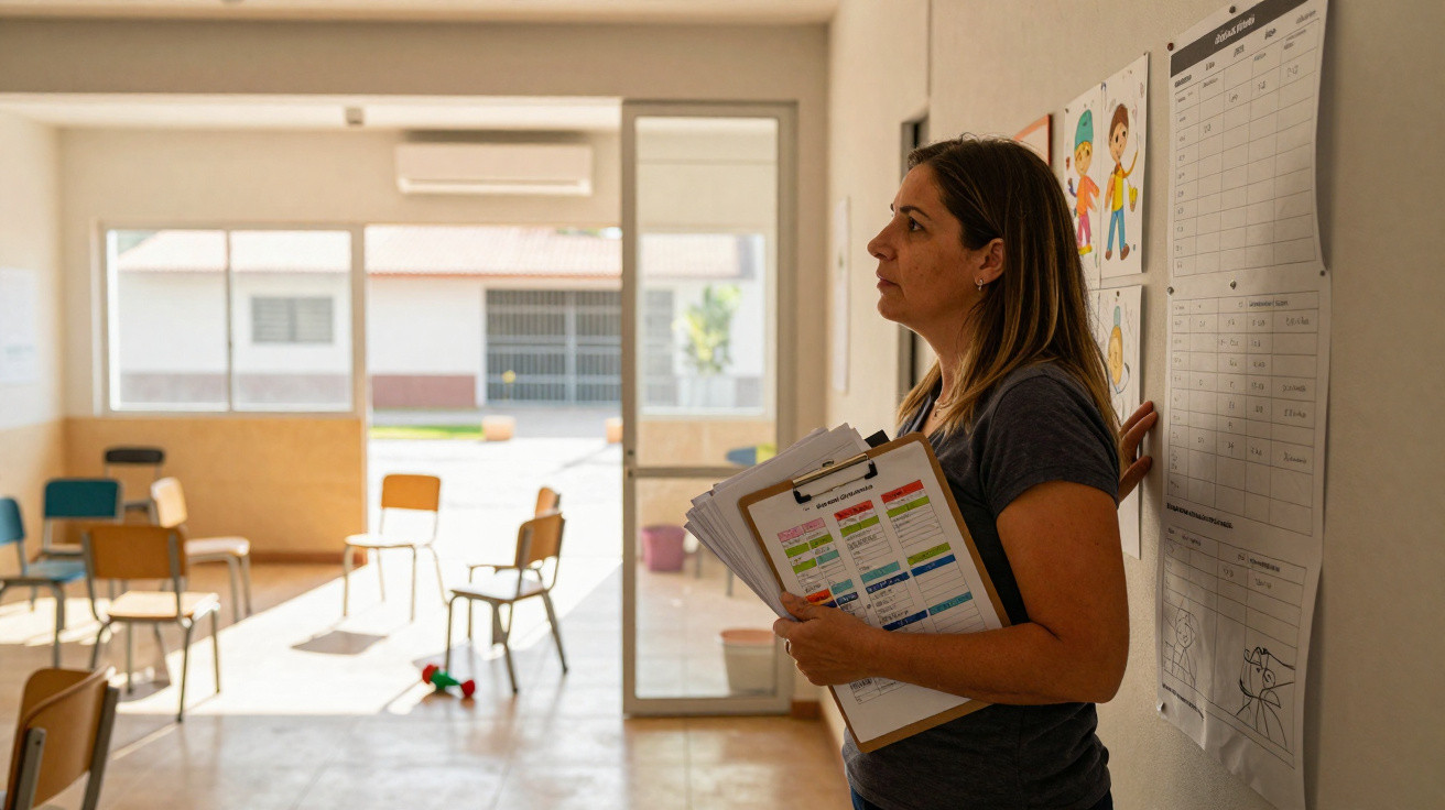 Lehrerin mit Klemmbrett steht nachdenklich an Wand in hellem, leerem Klassenraum mit Stühlen und Bildern.