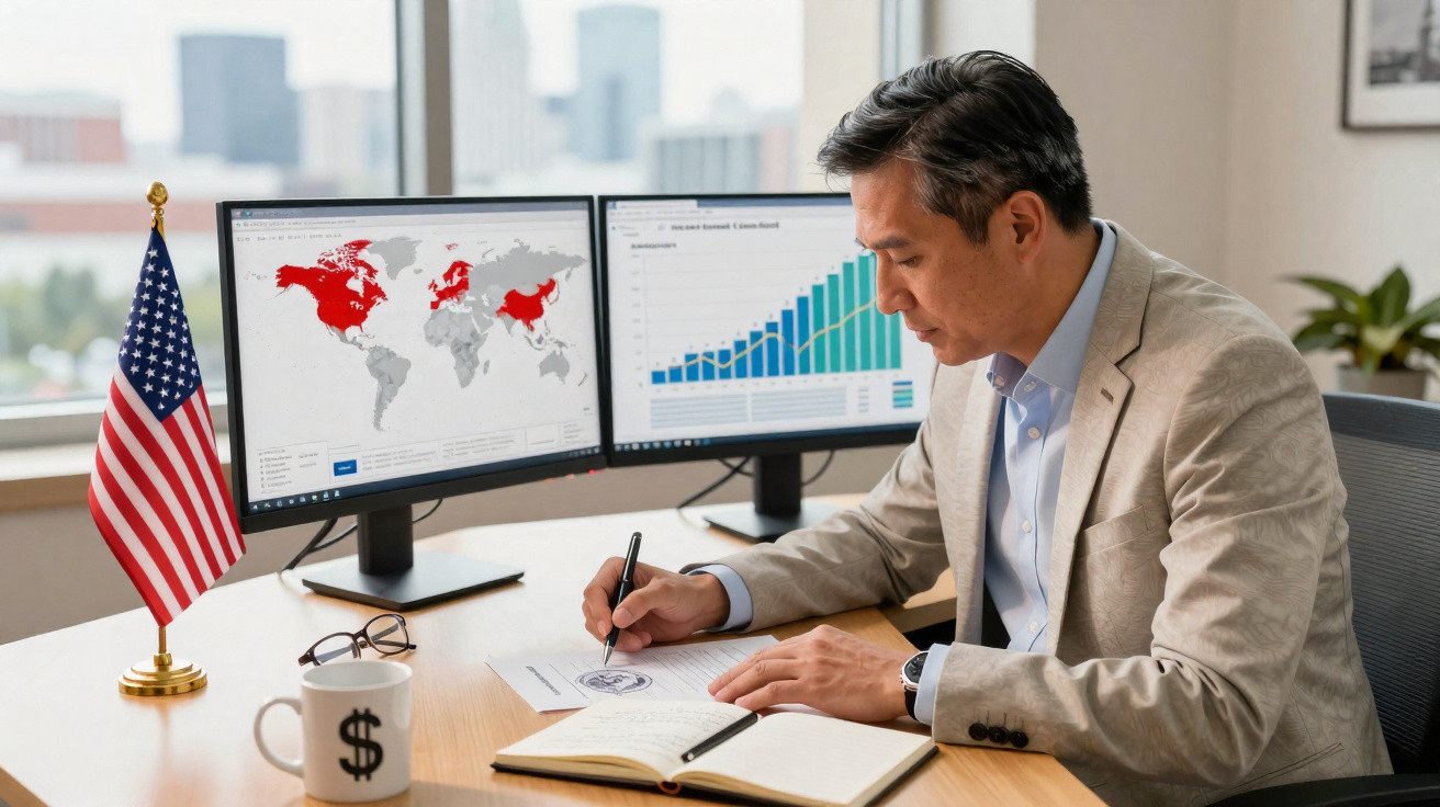 Mann im Büro mit USA-Flagge analysiert Diagramme und schreibt Notizen an Schreibtisch mit zwei Bildschirmen.