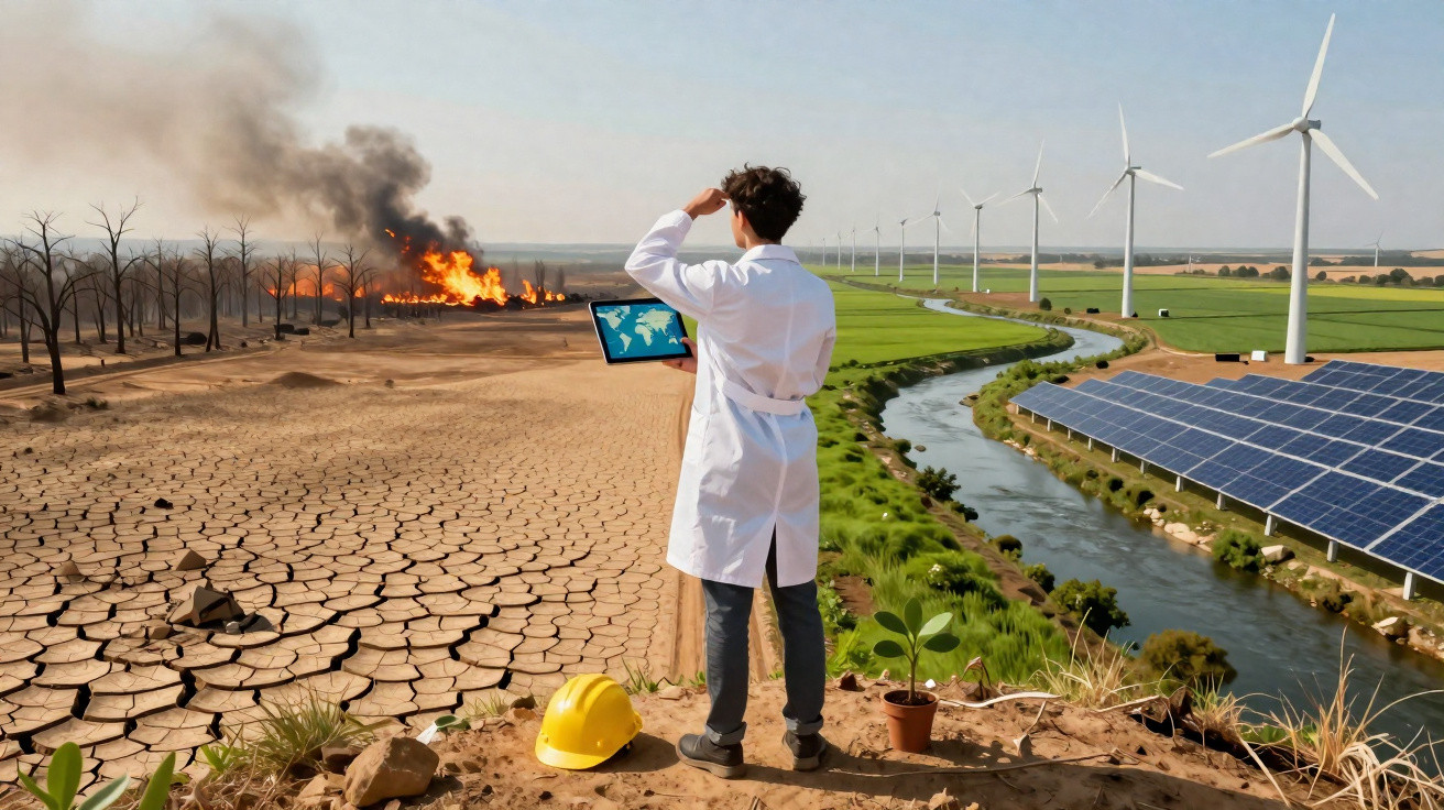 Wissenschaftler beobachtet Waldbrand und Dürre, im Kontrast zu grüner Landschaft mit Windrädern und Solarpanels.