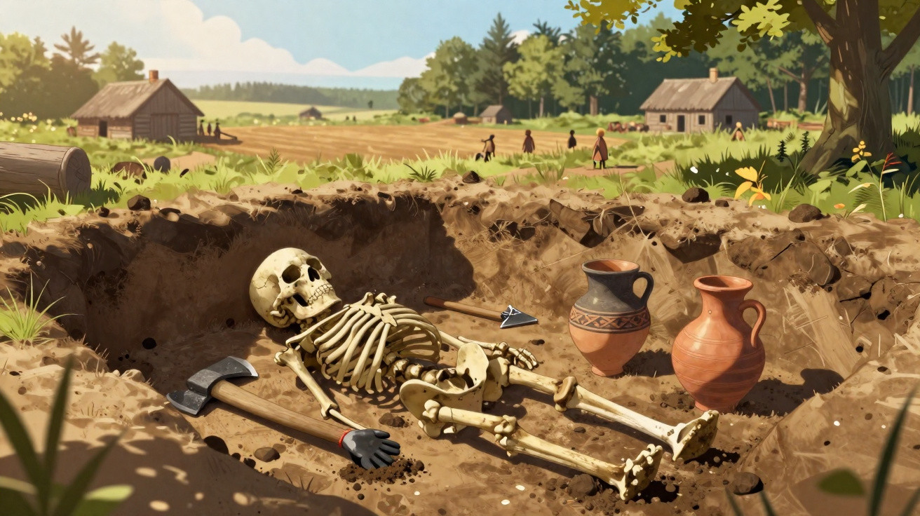 Archäologische Ausgrabung mit menschlichem Skelett, Werkzeugen und Krügen auf einem Feld nahe Bauernhäusern.