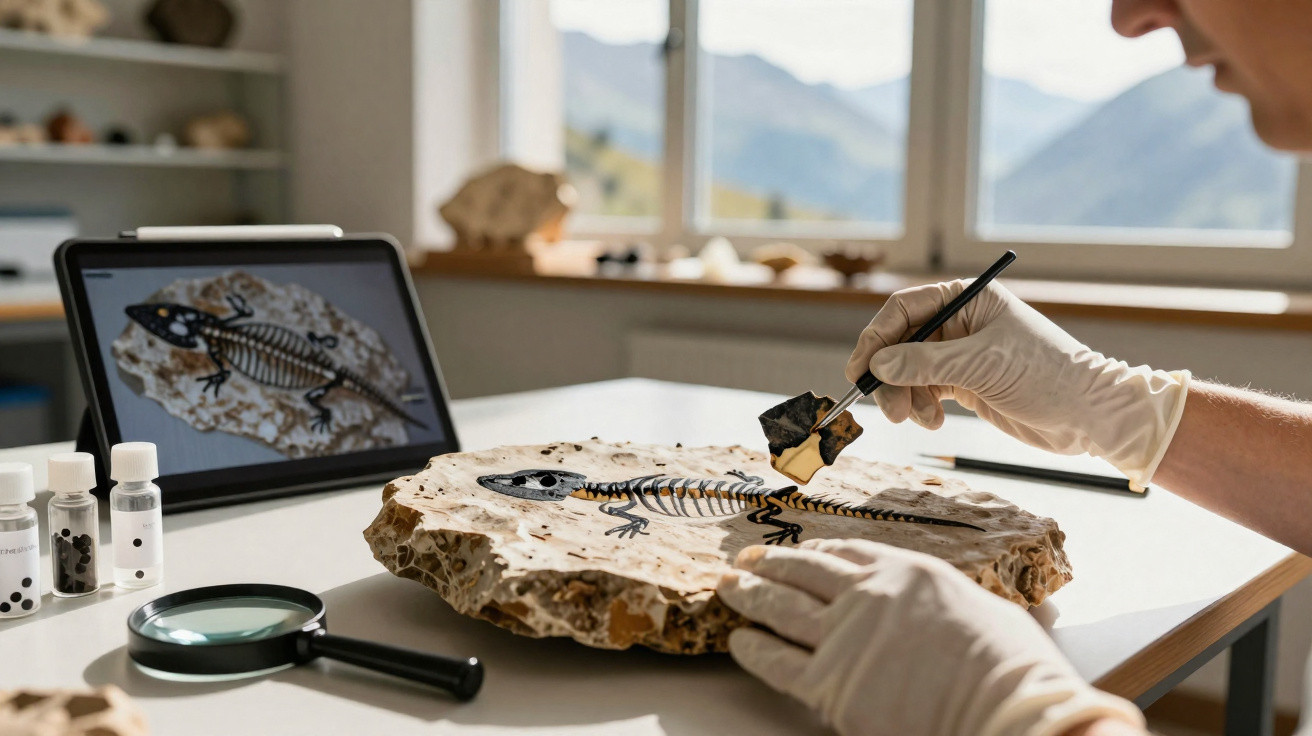 Wissenschaftler trägt Handschuhe und präpariert ein Saurierskelett-Fossil auf einem Tisch nahe Tablet mit Referenzbild.
