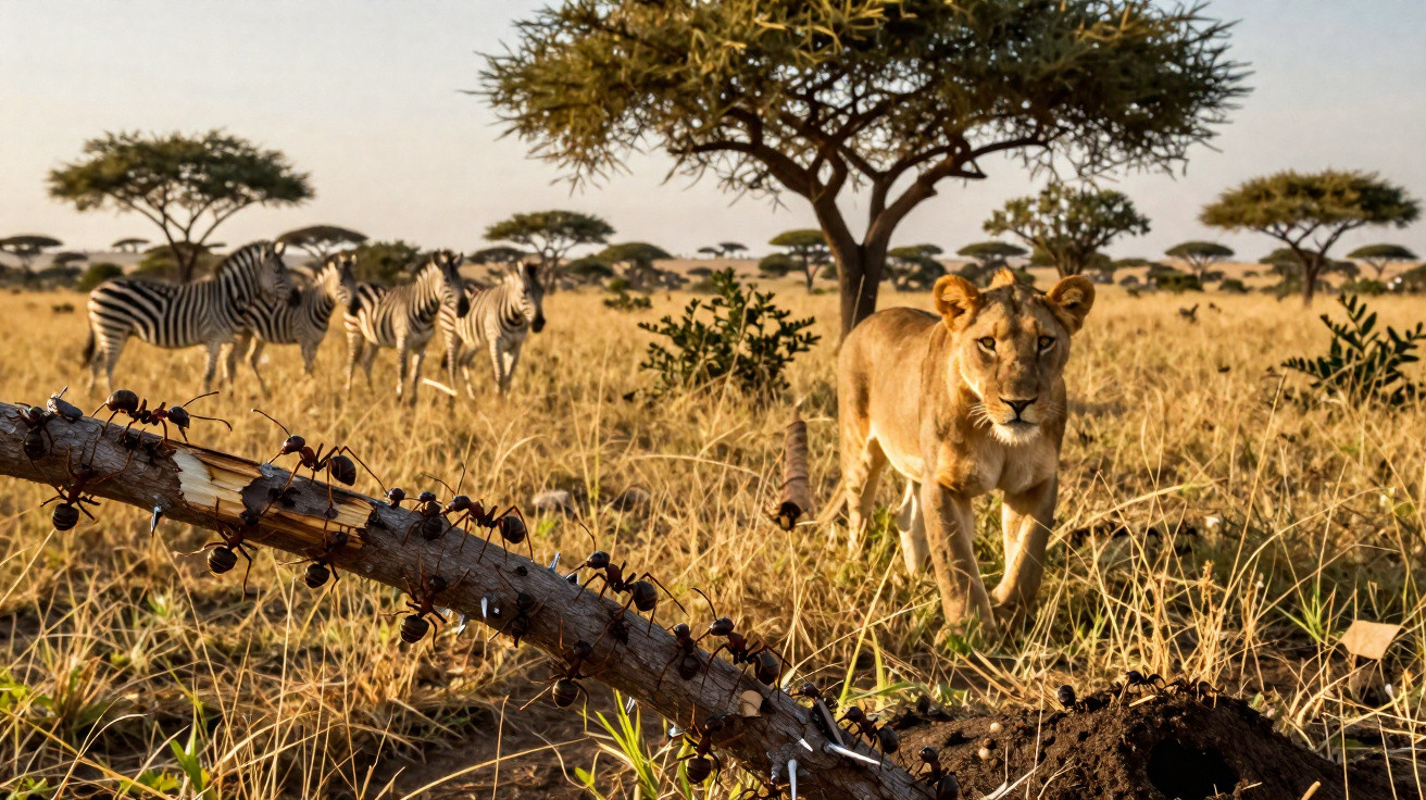 Löwin schleicht durch die Savanne, Ameisen krabbeln am Ast, Zebras beobachten im Hintergrund.